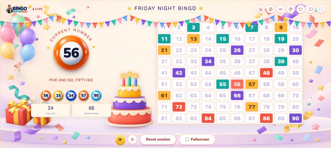 BingoHoster's birthday theme: balloons, bunting, a cake and presents around the number board
