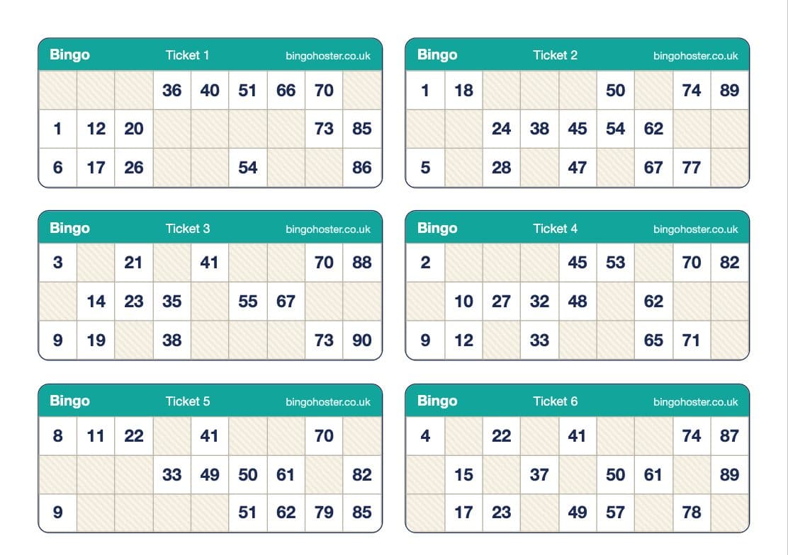 The top half of the first page of the printable 90-ball bingo book: six of the twelve tickets on an A4 page