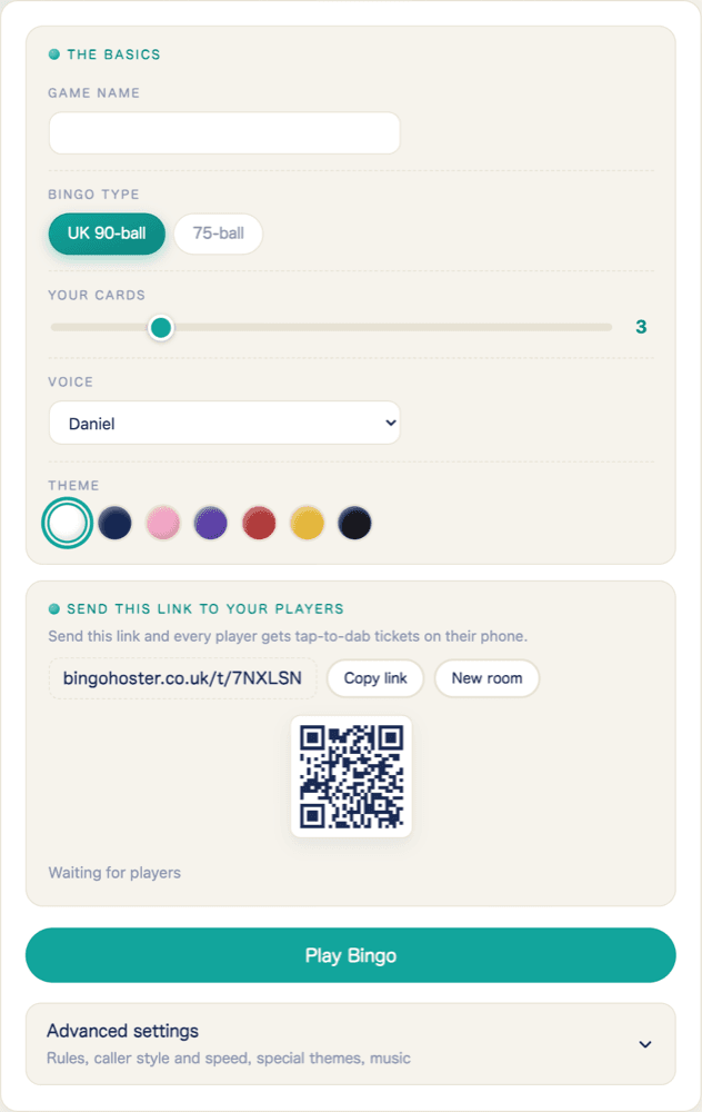 The Play Online Together room builder with the invite link and QR code