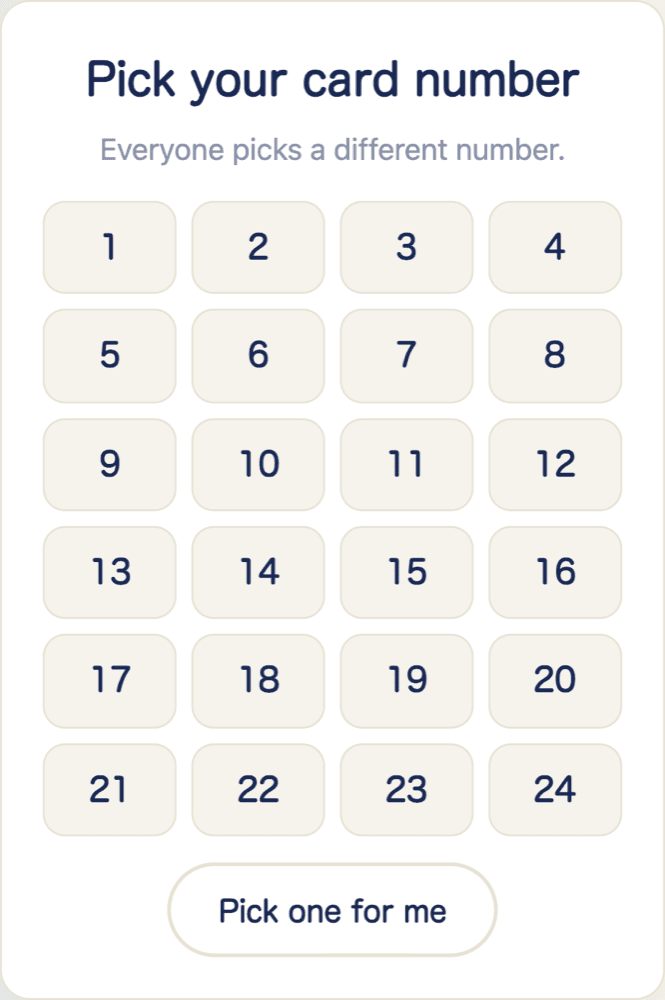 Picking a card number from the grid on a phone