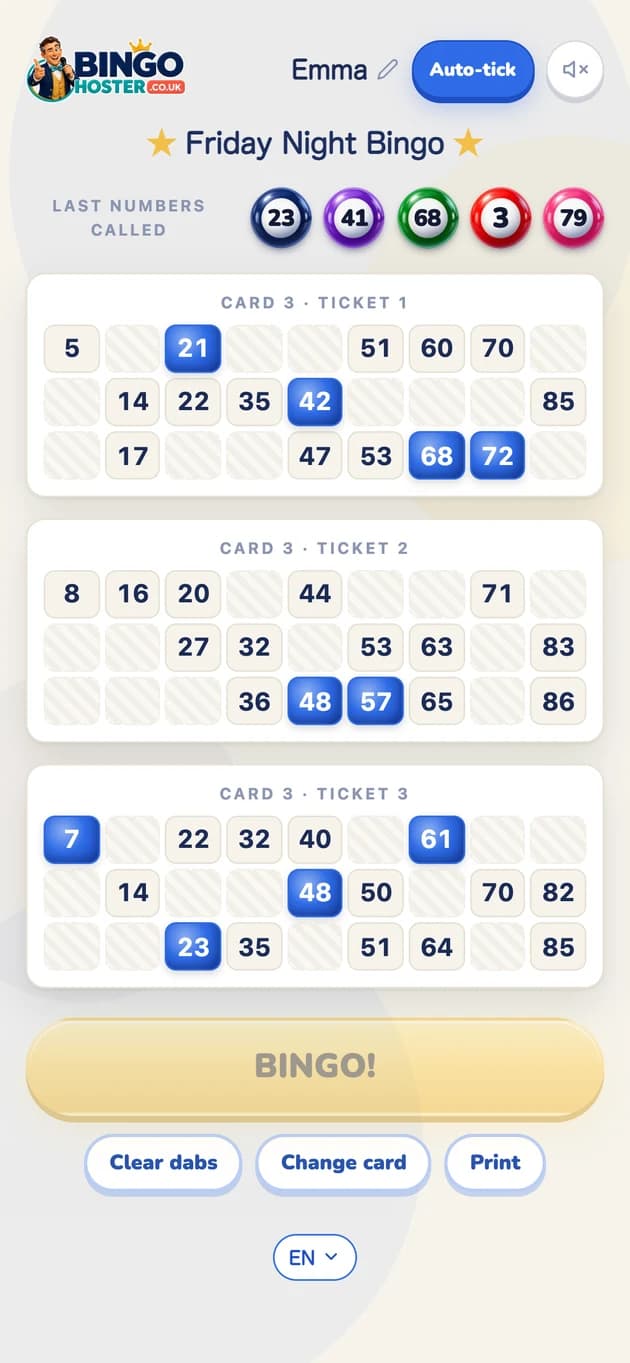 A player's phone during the game: the last numbers called above three tickets and the BINGO button
