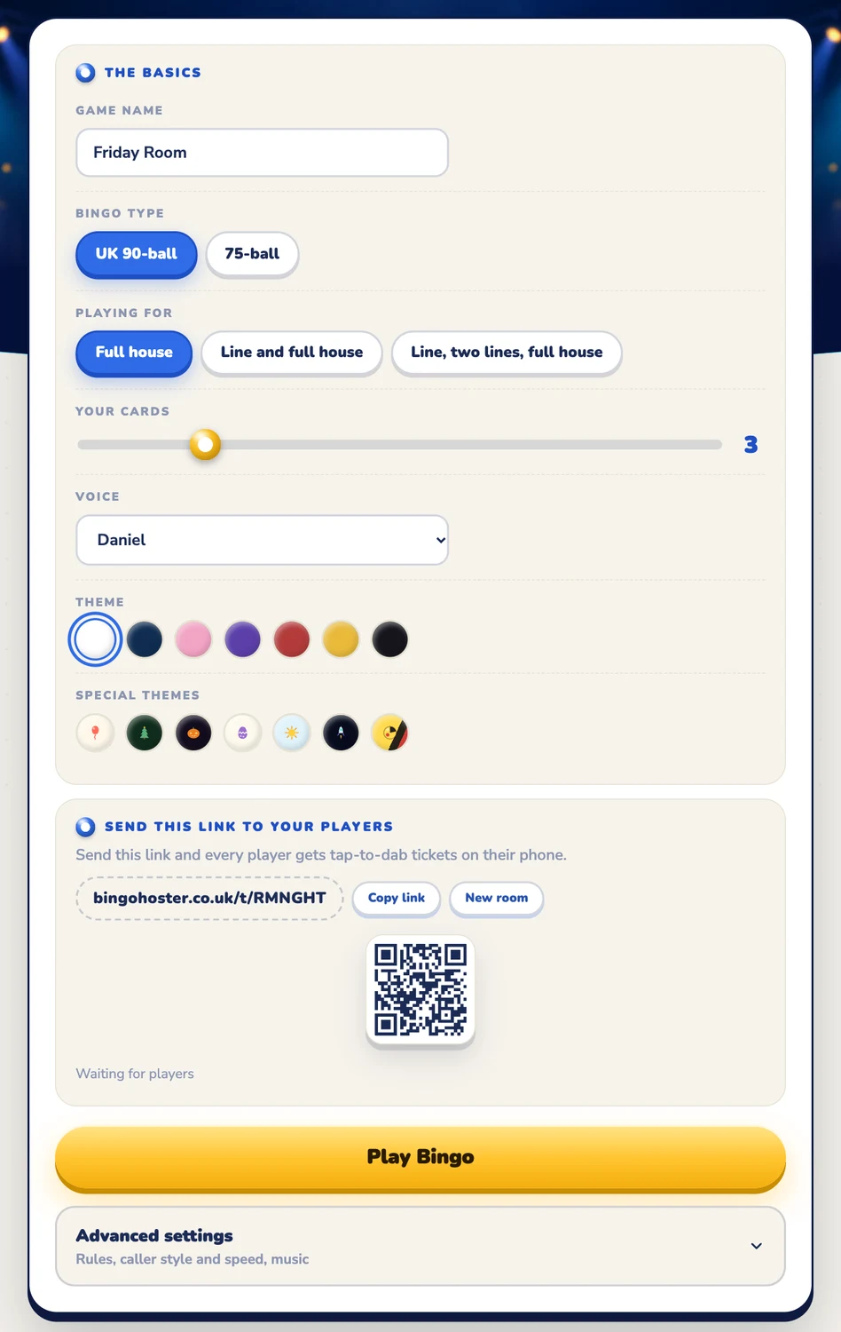 The Play Online Together room builder with the invite link and QR code