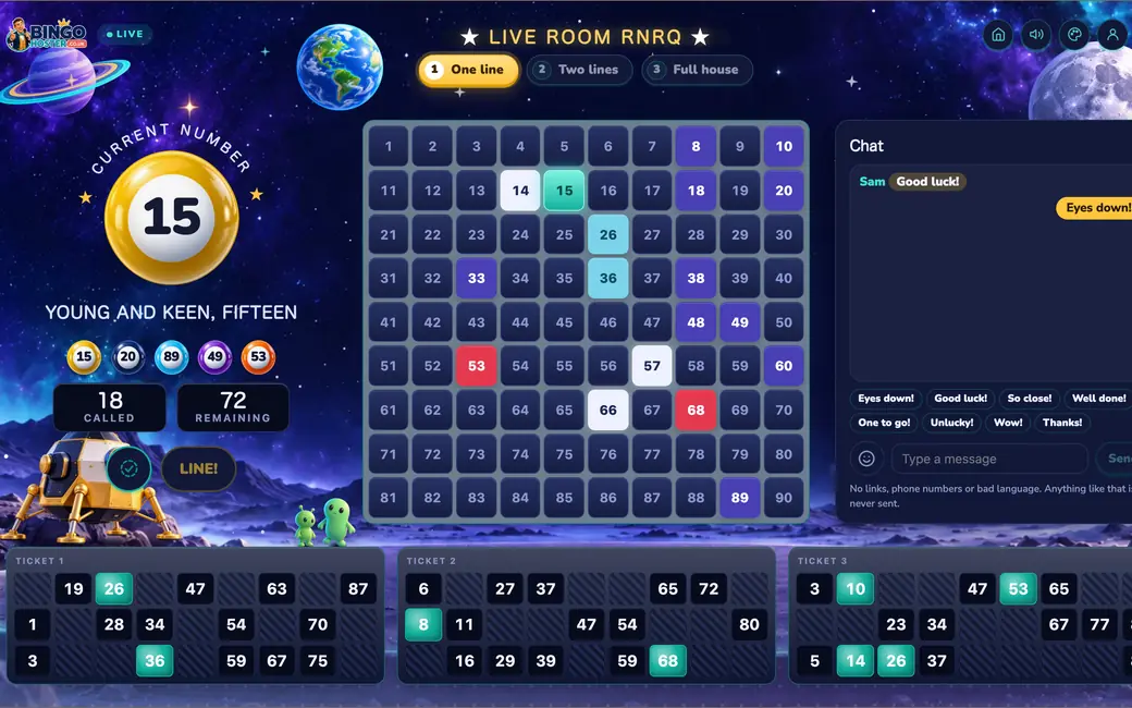 A live room in the Space theme: the current number fifteen, the 90-ball board, three tickets and the chat