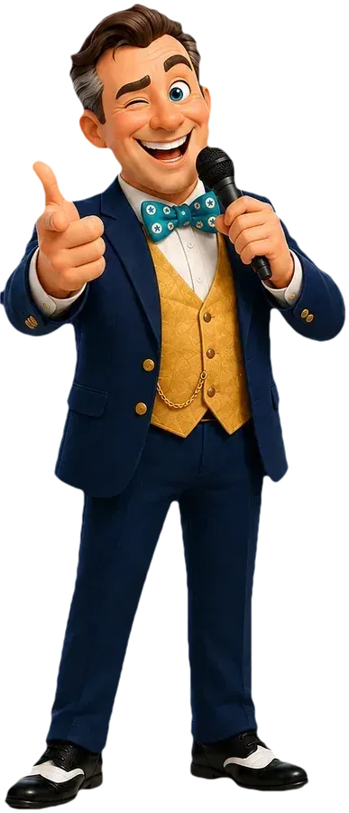 The BingoHoster compere winking and pointing, microphone in hand