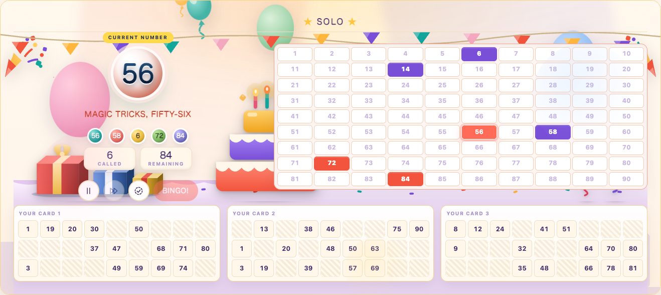 BingoHoster's birthday theme: balloons, bunting, a cake and presents around the number board