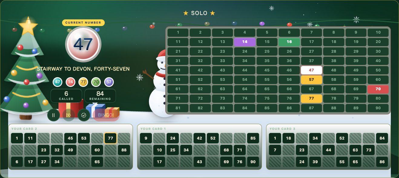 BingoHoster's Christmas theme: a tree, a snowman, fairy lights and falling snow around the number board