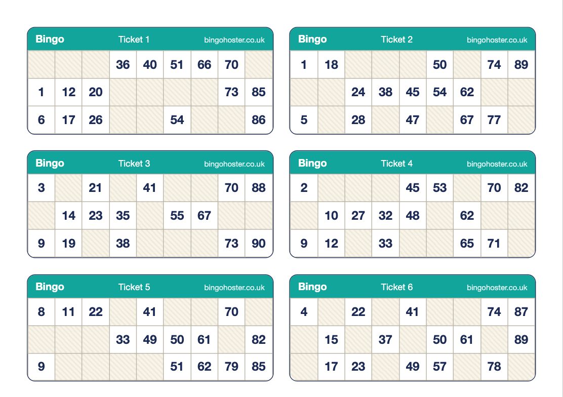 The first page of the printable 90-ball bingo book: six tickets on an A4 page