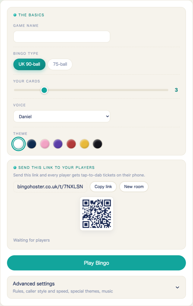 The Play Online Together room builder with the invite link and QR code