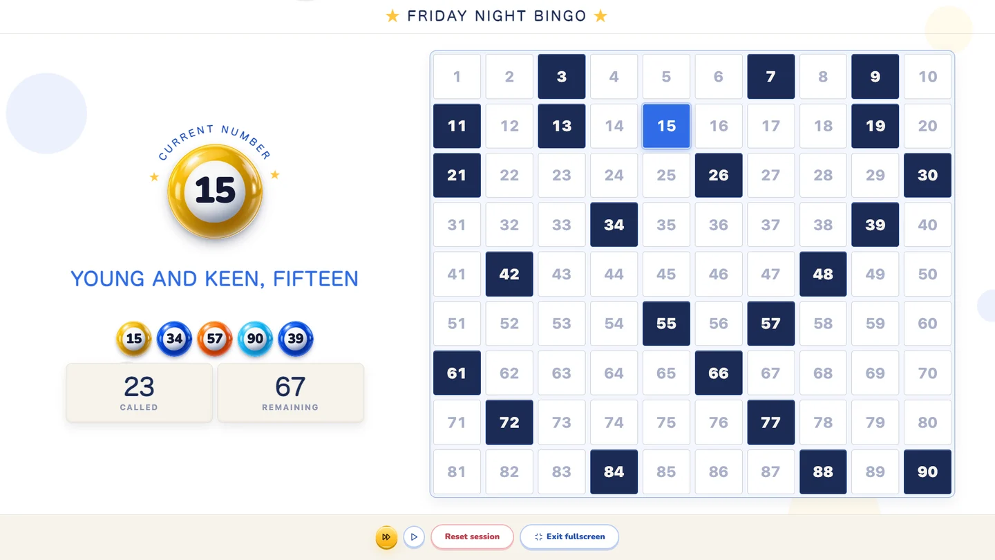 The Hoster screen on a big display, showing the current number fourteen, the call Valentine's Day fourteen, and the whole 90-ball board