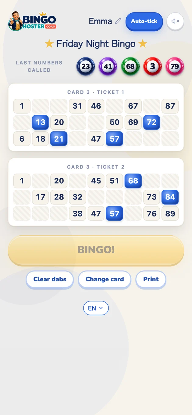 A player's phone showing two bingo tickets with dabbed numbers, the last five numbers called across the top and a large BINGO button