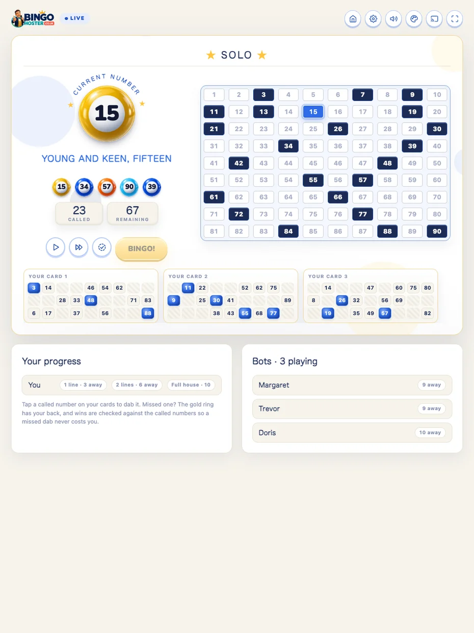 The Solo screen on a tablet, reading Solo vs the bots, with three cards of your own and four computer players listed beside them
